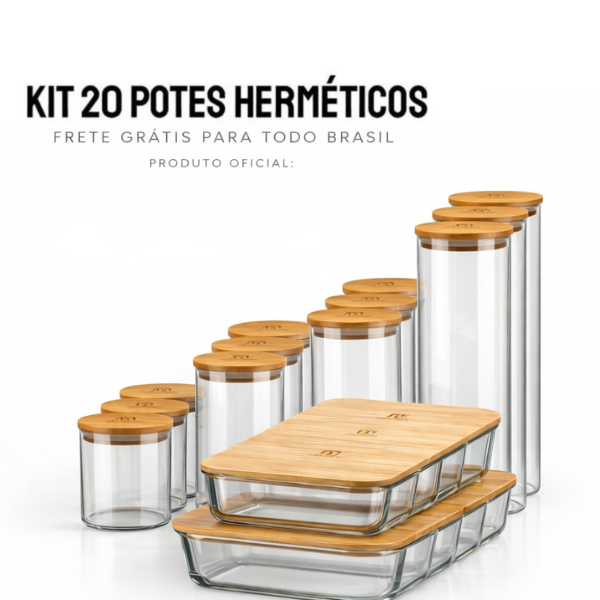 Kit Completo 20 Potes Herméticos com Tampa de Bambu