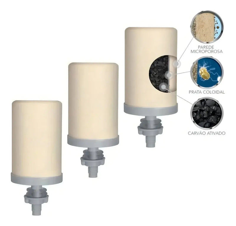 Kit 3 Velas Filtro de Barro Tripla Ação Carvão
