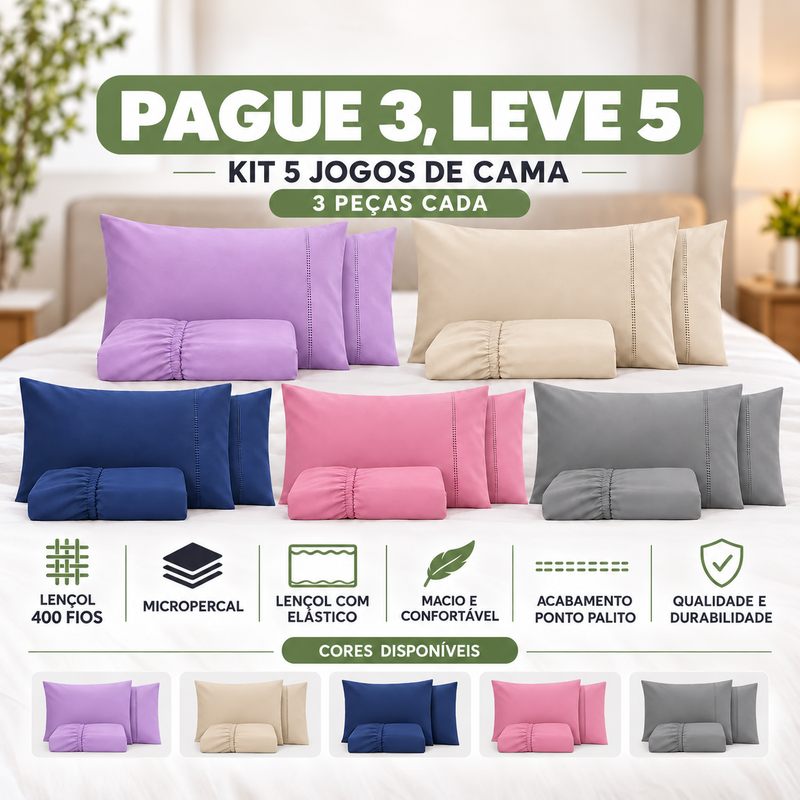 PAGUE 3 LEVE 5 — Kit 5 Jogos de Cama 3 Peças, Lençol 400 Fios com Elástico